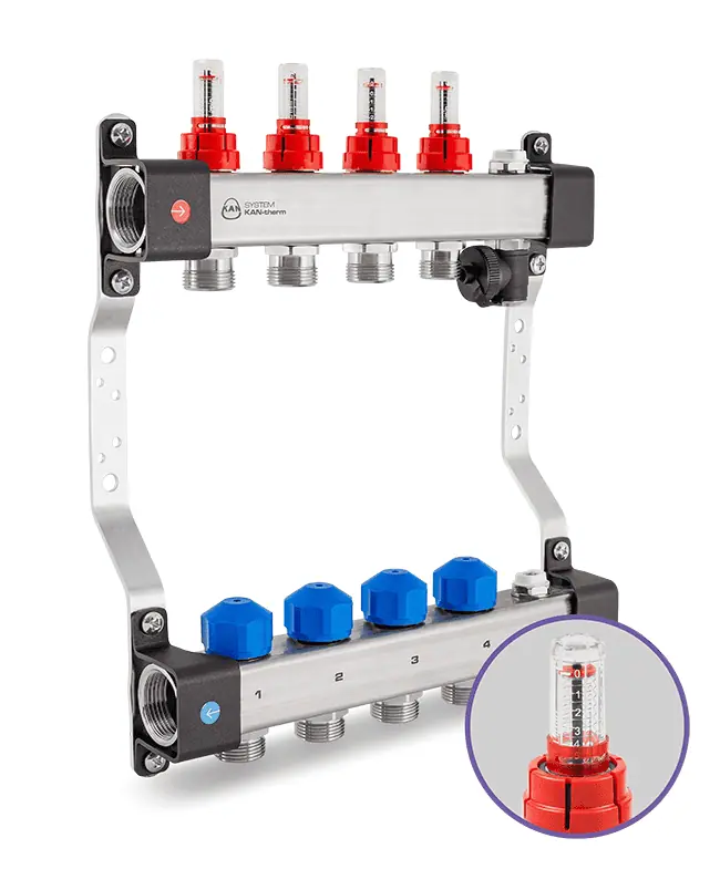 Distribuitor colector metalic 1''x3/4'' cu debitmetre 6 cai UFST