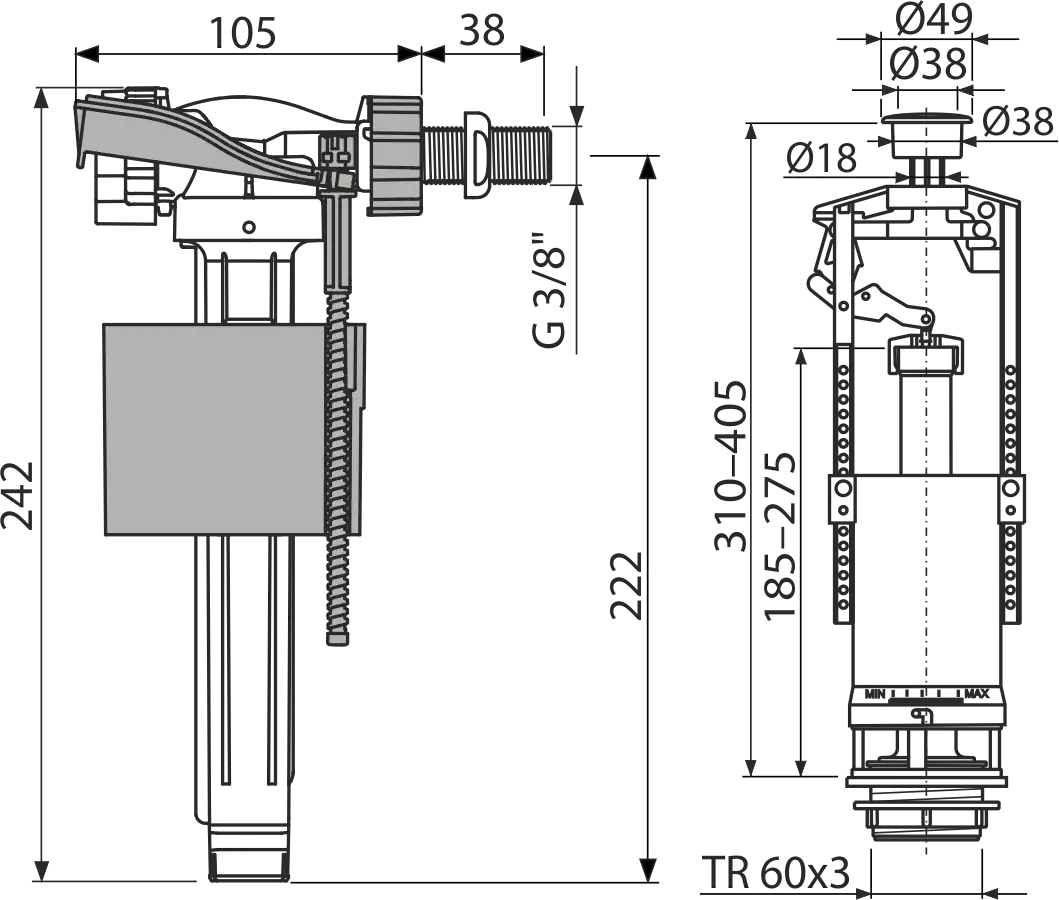 Chrom mecanism WC simplă apăsare + flotor 3/8'' ALCA - imagine 2