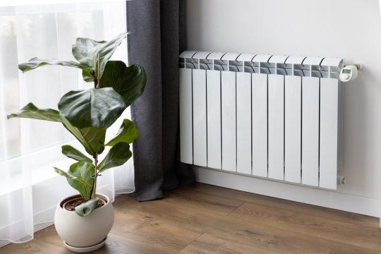 radiator din otel in living alaturi de draperie si planta in ghiveci